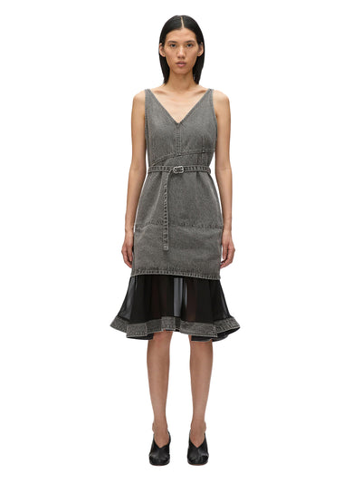 Denim V Neck Dress with Chiffon Hem (Washed Grey)