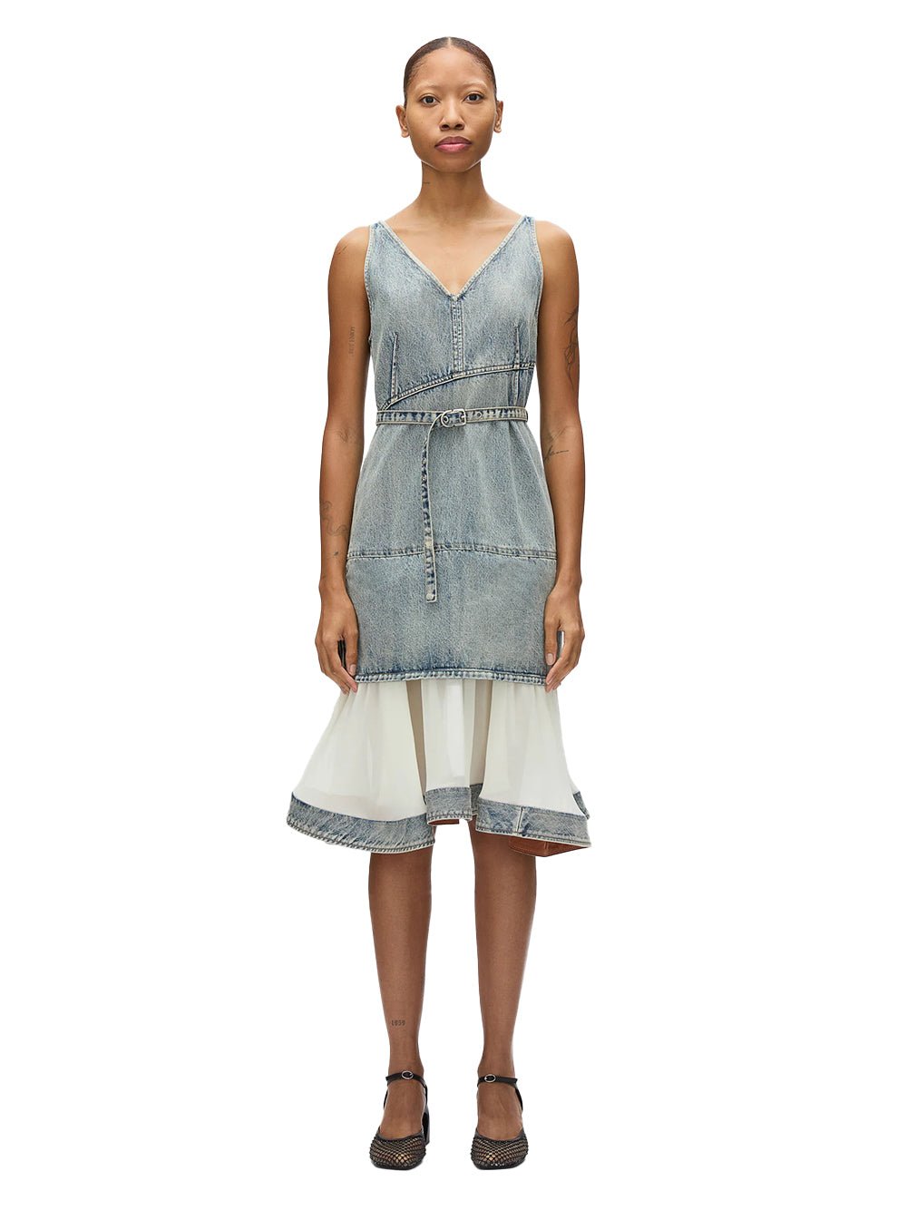 Denim V Neck Dress with Chiffon Hem (Washed Indigo)