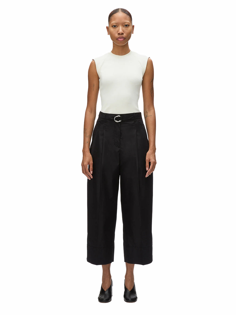 Double Pleat Wide Cropped Pant (Black)