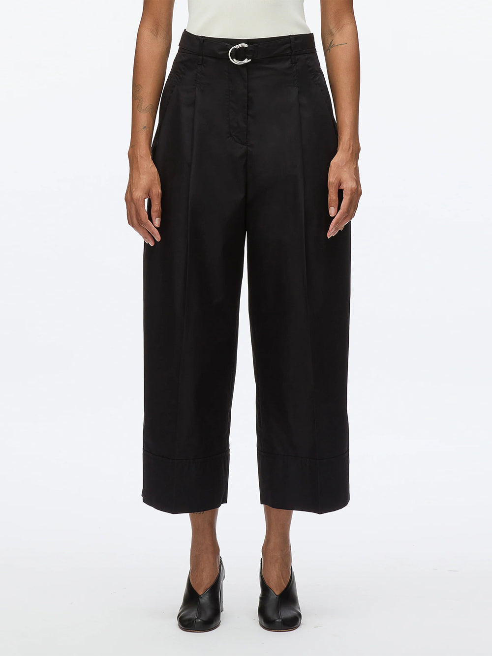 Double Pleat Wide Cropped Pant (Black)