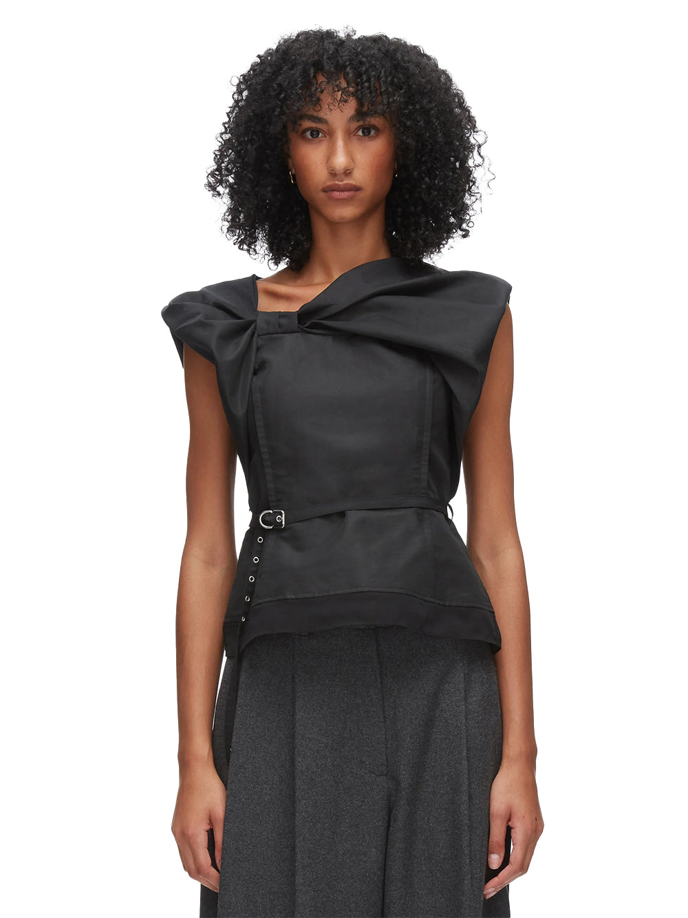 Draped Bow Belted Shell Top (Black)