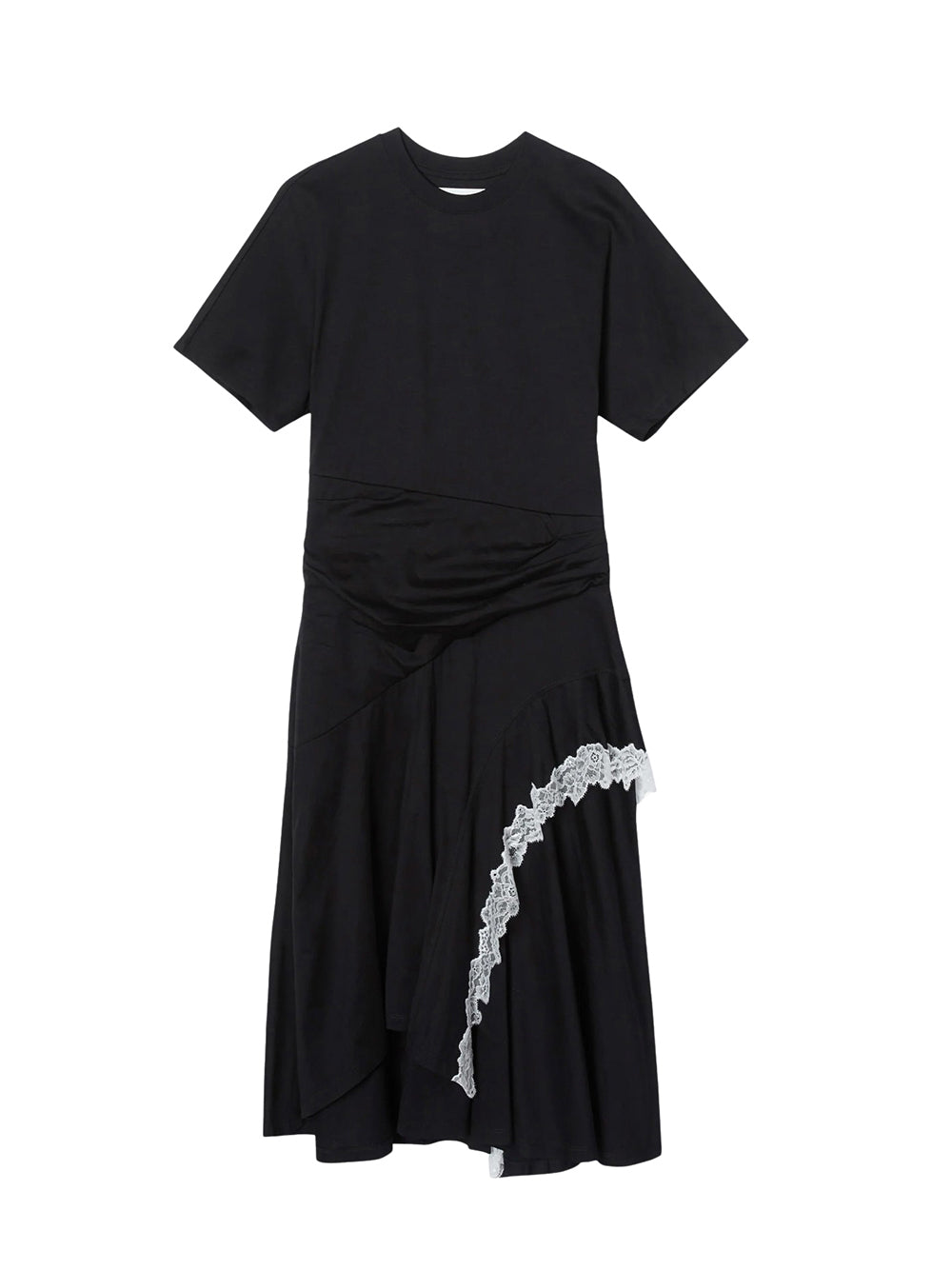 Draped T-Shirt Dress with Lace Trim (Black)