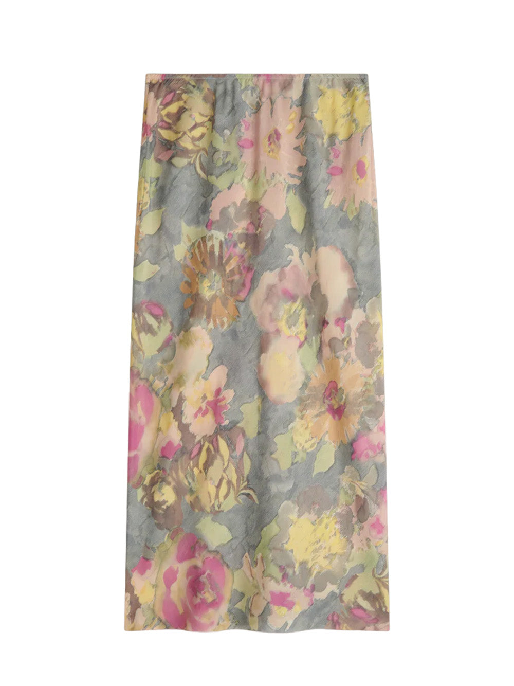 Floral Print Silk Blend Midi Skirt (Grey)