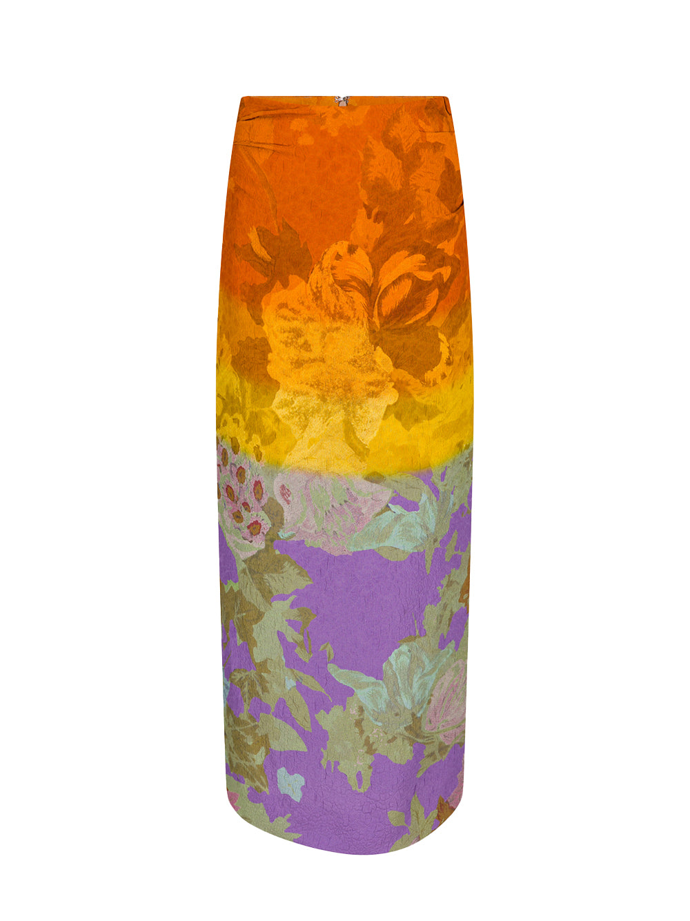 Gathered Floral-Print Cloque Midi Skirt (Orange)