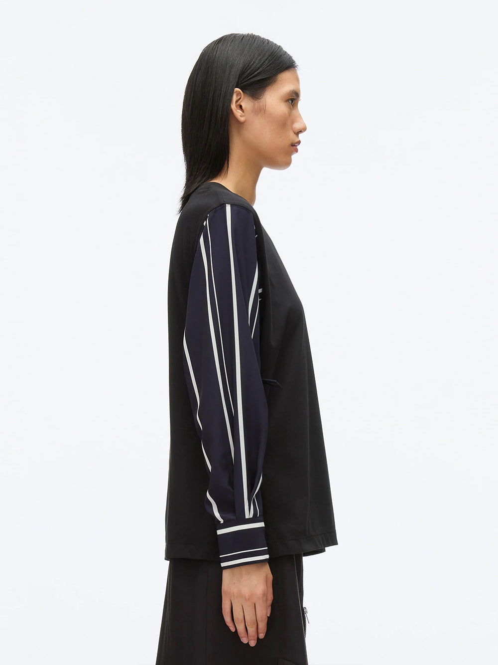 Long Sleeve Tee With Stripe Shirting Sleeves (Black-Midnight)