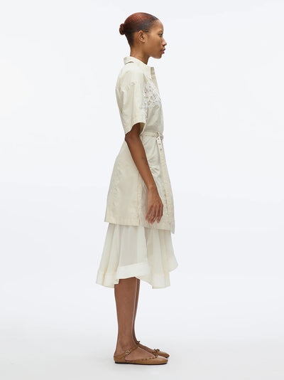 Short Sleeve Cascade Hem Bltd Combo Shirt Dress With Lace Stone