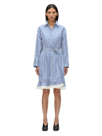 Striped Long Sleeve Shirt Dress With Chiffon Cascade Drape Blue Multi