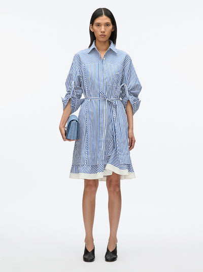 Striped Long Sleeve Shirt Dress With Chiffon Cascade Drape Blue Multi