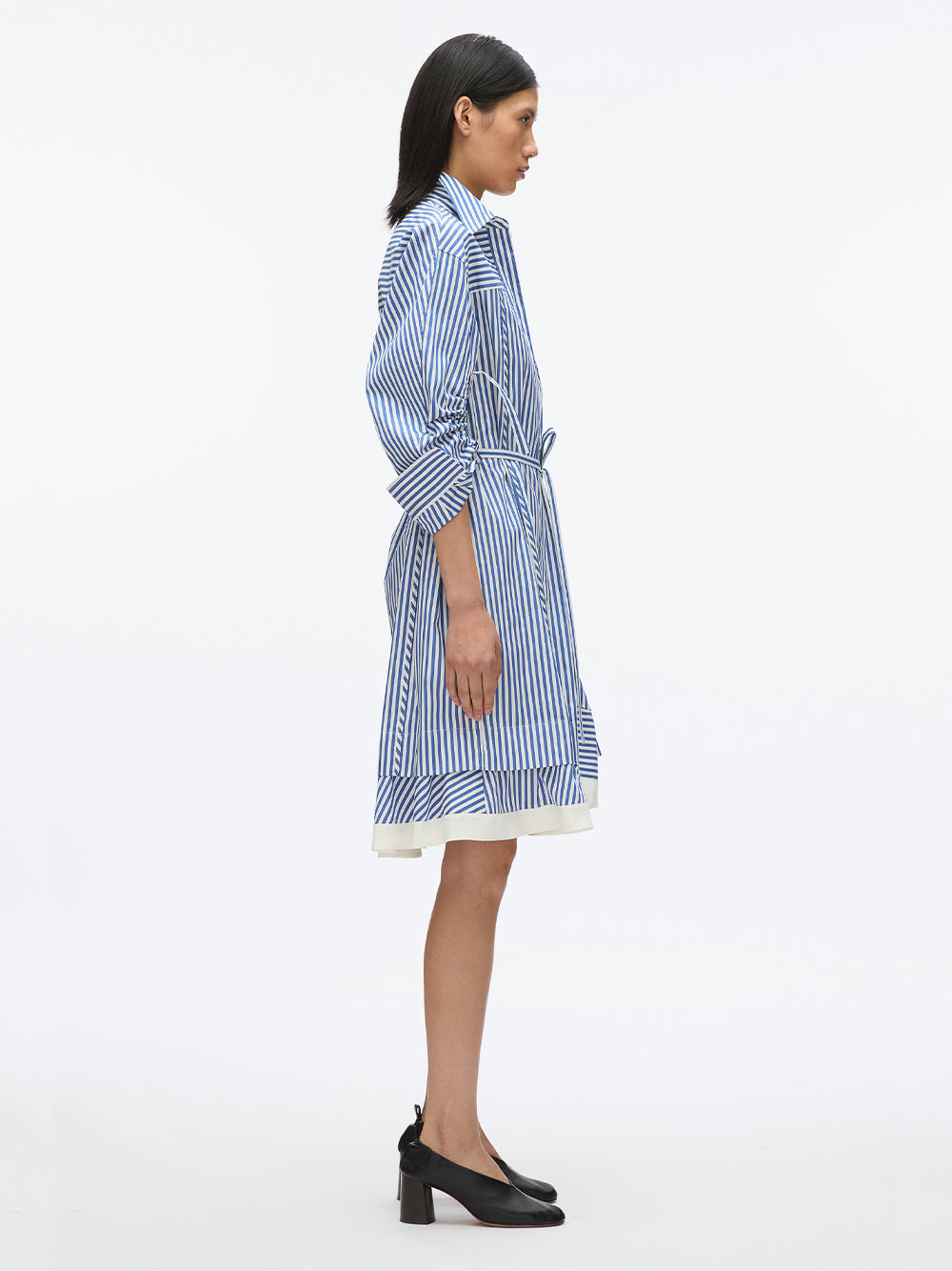 Striped Long Sleeve Shirt Dress With Chiffon Cascade Drape Blue Multi