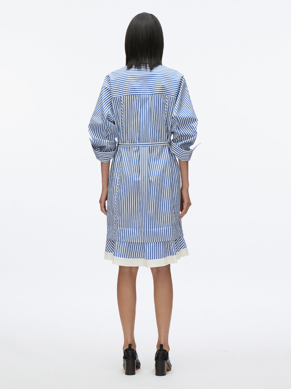 Striped Long Sleeve Shirt Dress With Chiffon Cascade Drape Blue Multi