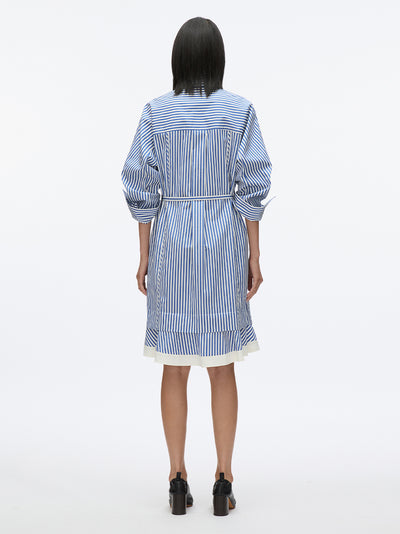 Striped Long Sleeve Shirt Dress With Chiffon Cascade Drape Blue Multi