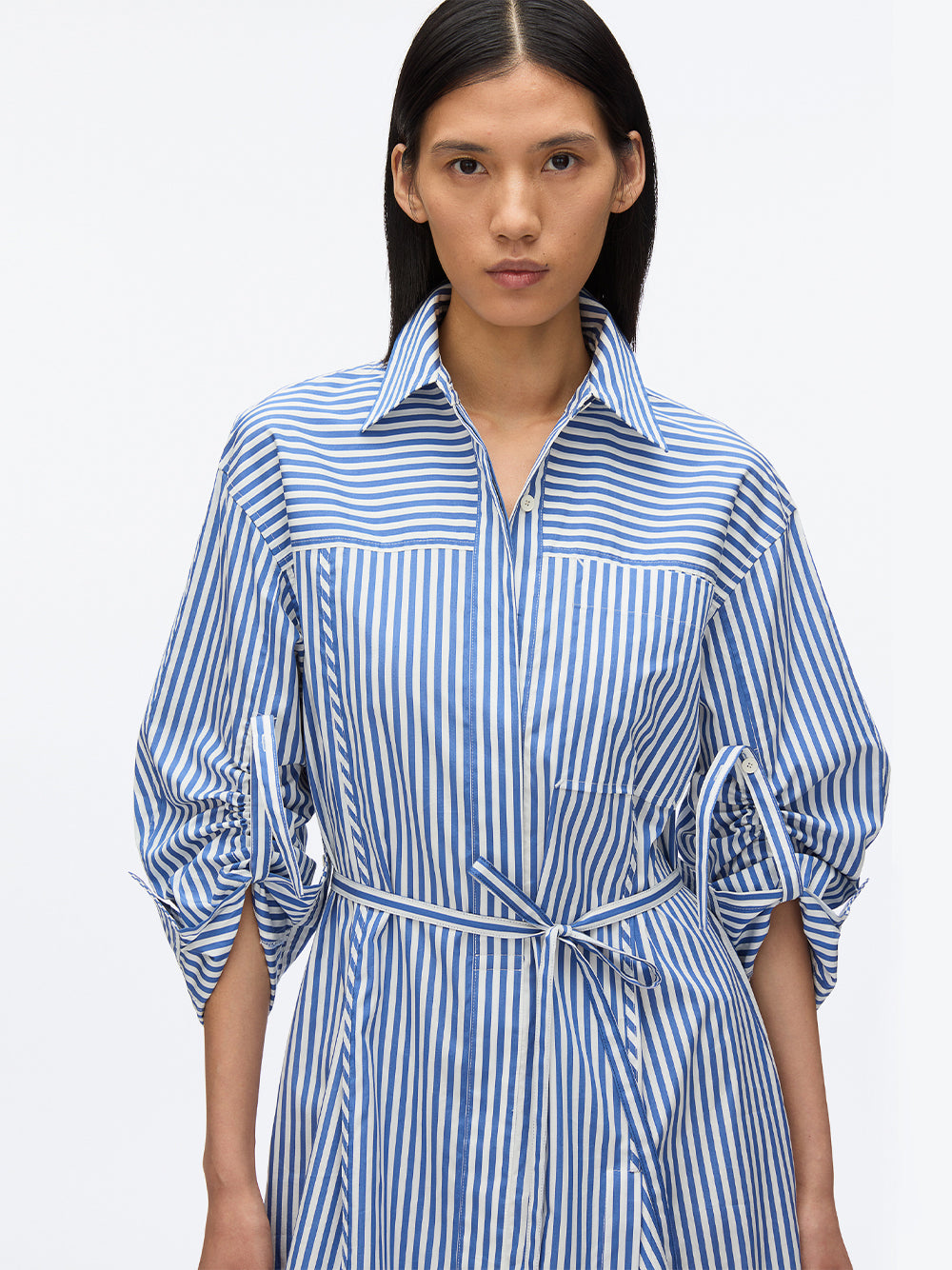 Striped Long Sleeve Shirt Dress With Chiffon Cascade Drape Blue Multi