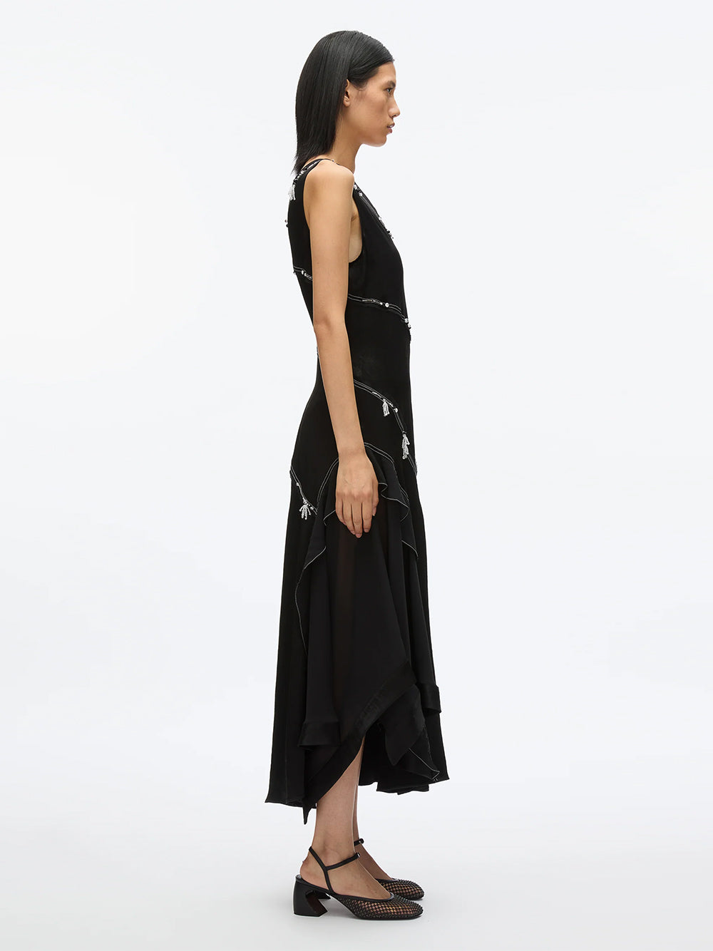 Embroidered V-Neck Satin Gown (Black)