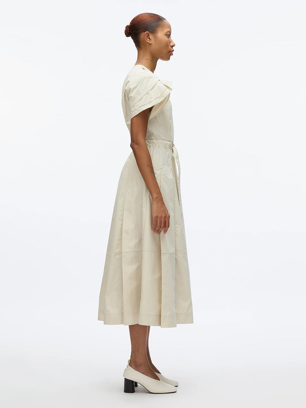 Cascade Drape Short Sleeve Belted Midi Dress Stone