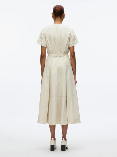 Cascade Drape Short Sleeve Belted Midi Dress Stone