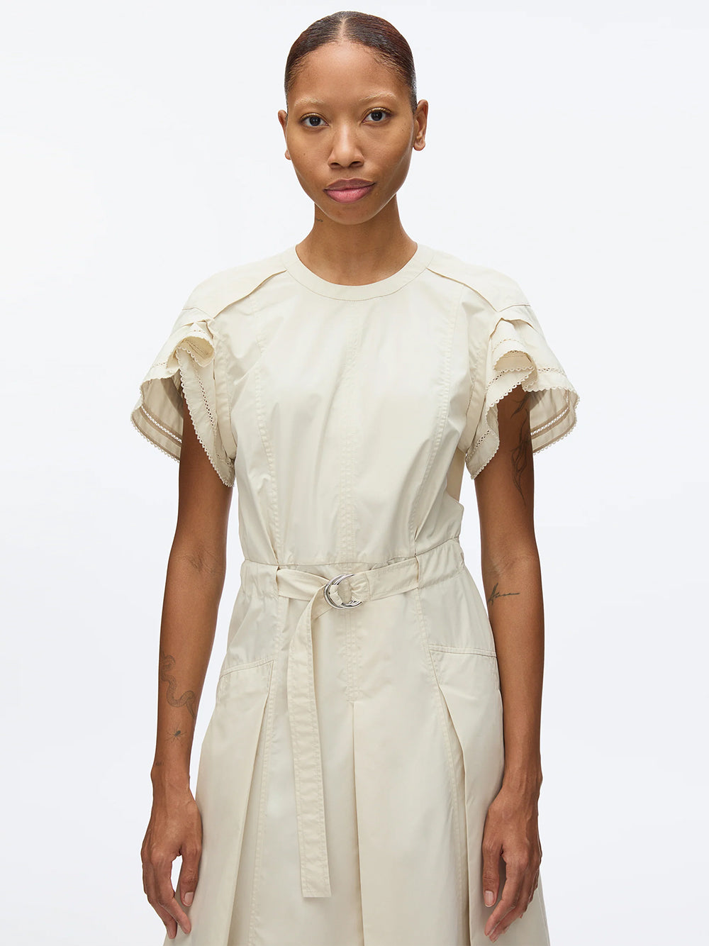 Cascade Drape Short Sleeve Belted Midi Dress Stone