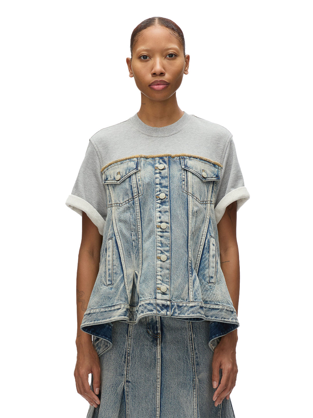 Flounce Hem Hybrid Denim Top (Washed Indigo-Grey)