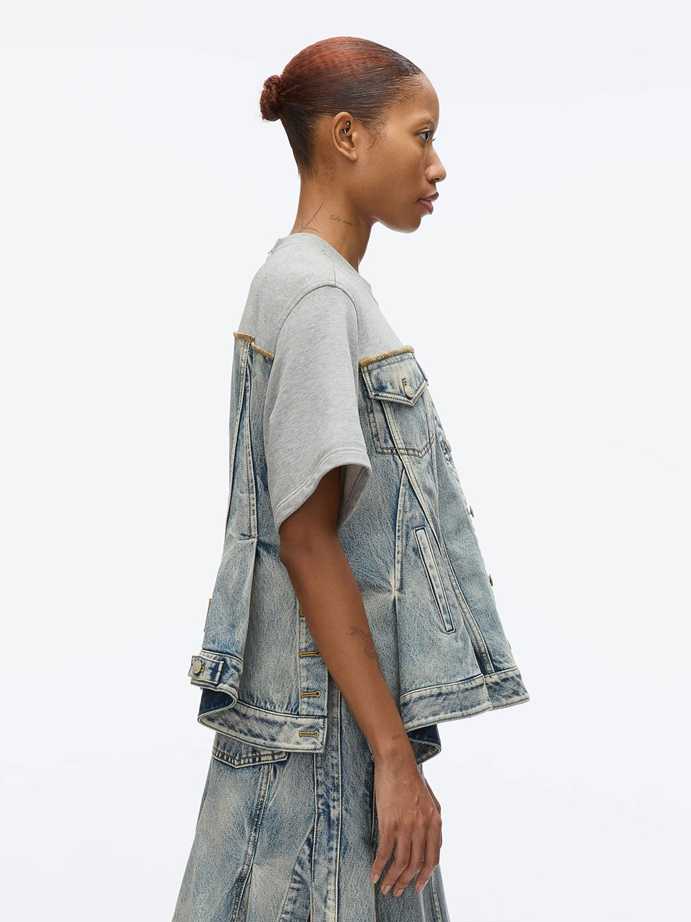 Flounce Hem Hybrid Denim Top (Washed Indigo-Grey)