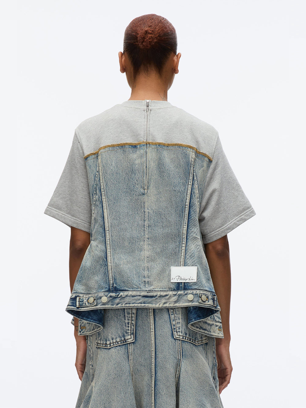 Flounce Hem Hybrid Denim Top (Washed Indigo-Grey)