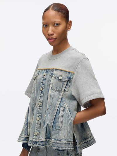 Flounce Hem Hybrid Denim Top (Washed Indigo-Grey)