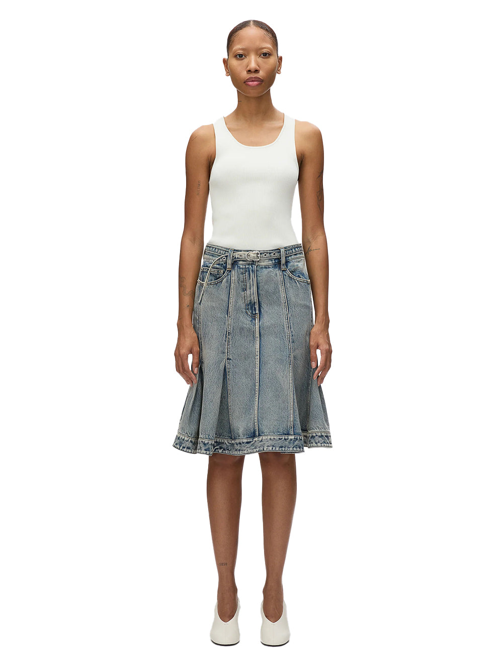 Flounce Bltd Knee Length Skirt Washed Indigo