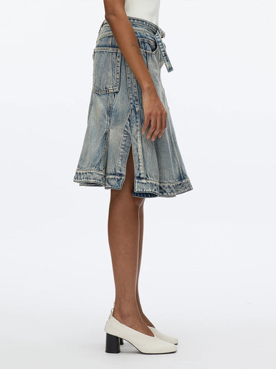 Flounce Bltd Knee Length Skirt Washed Indigo