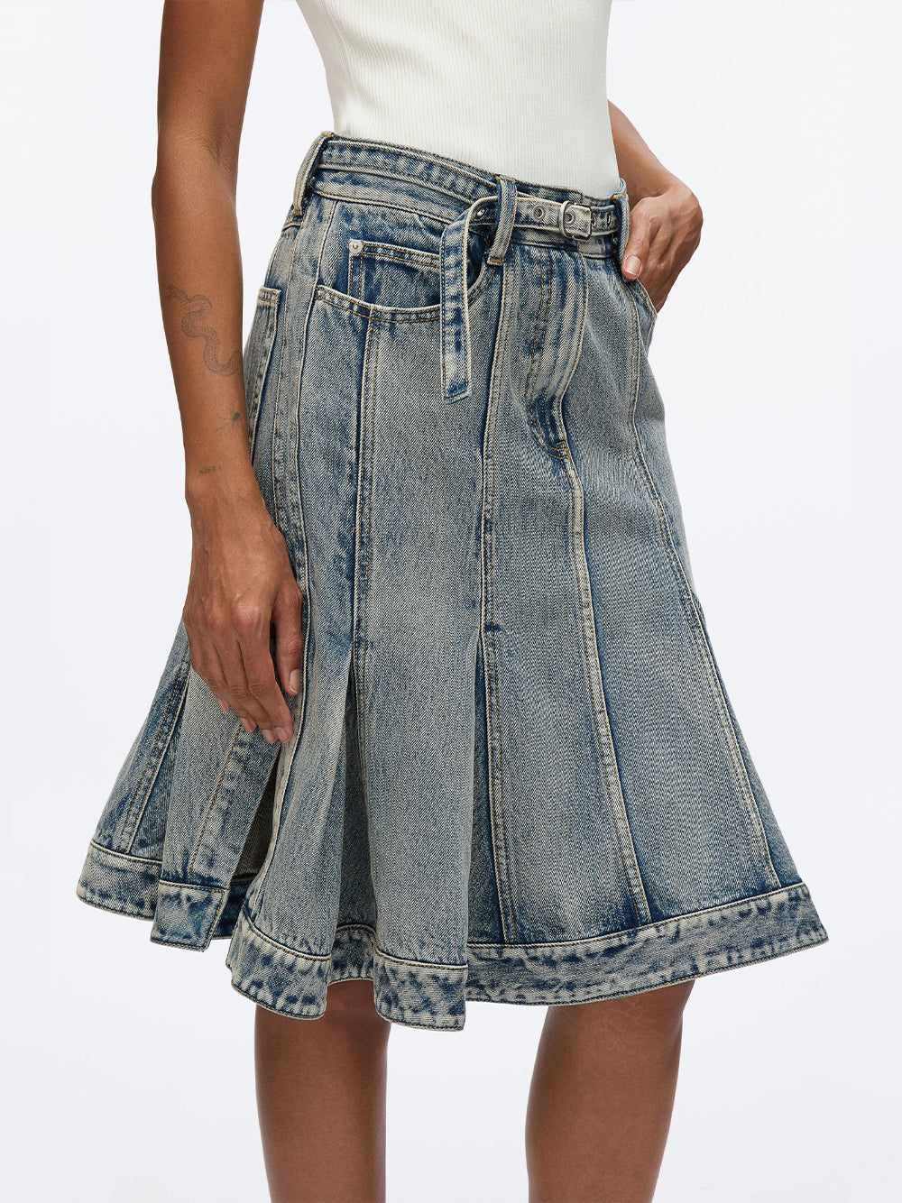 Flounce Bltd Knee Length Skirt Washed Indigo