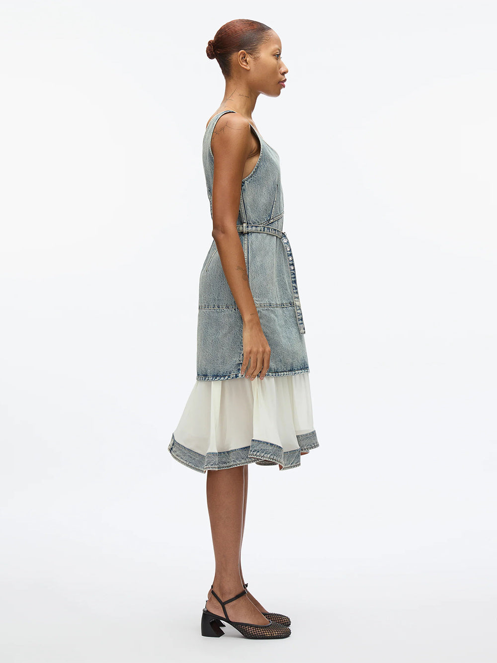Denim V Neck Dress with Chiffon Hem (Washed Indigo)