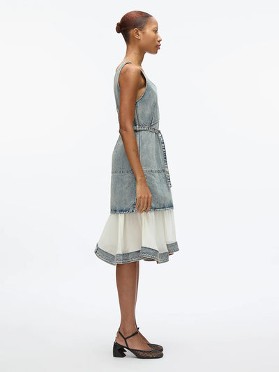 Denim V Neck Dress with Chiffon Hem (Washed Indigo)