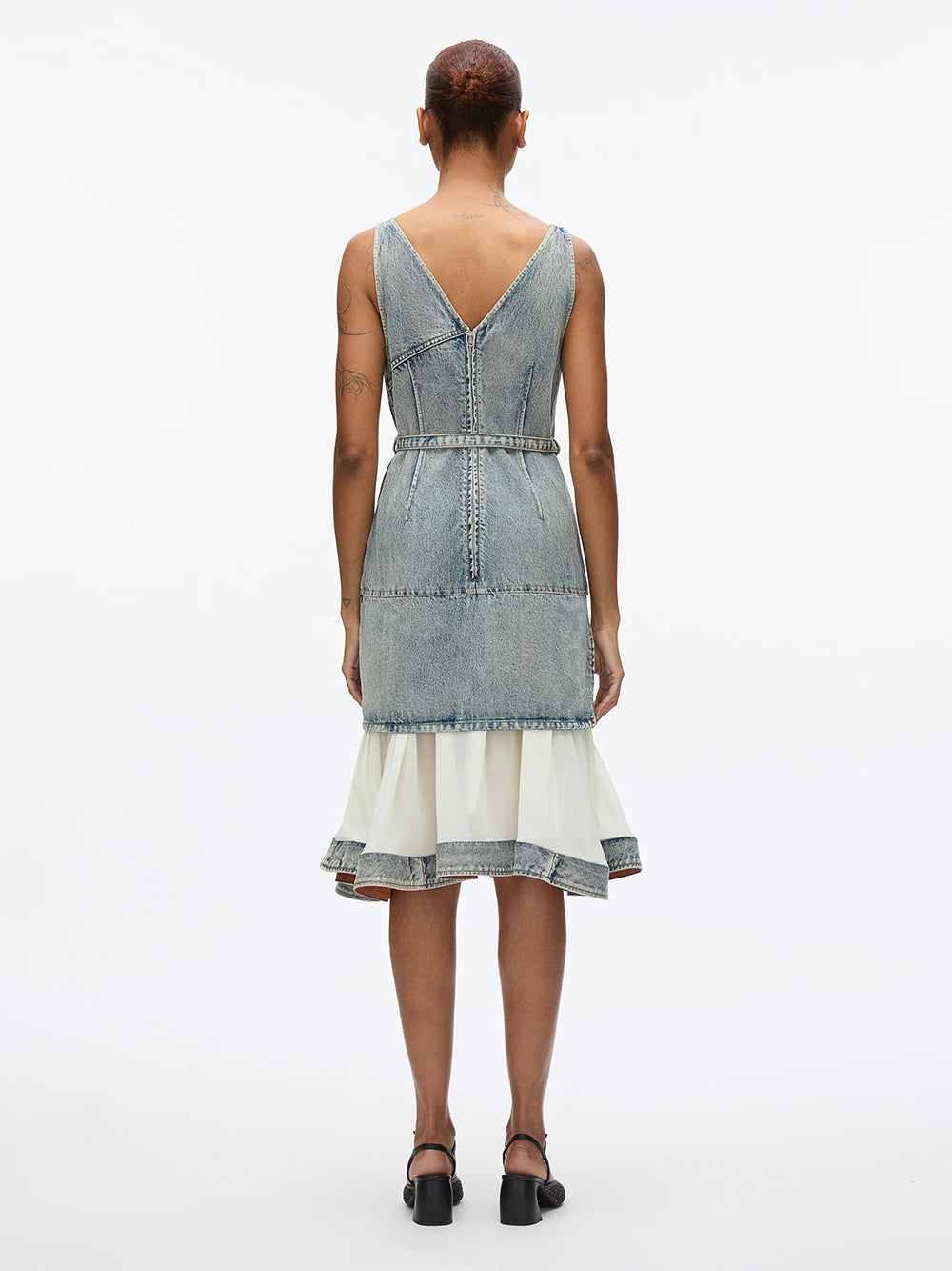 Denim V Neck Dress with Chiffon Hem (Washed Indigo)