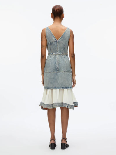 Denim V Neck Dress with Chiffon Hem (Washed Indigo)