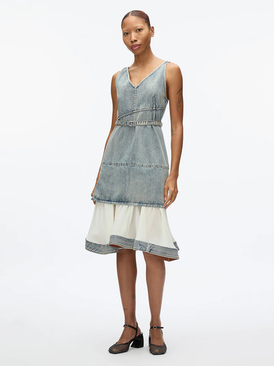 Denim V Neck Dress with Chiffon Hem (Washed Indigo)