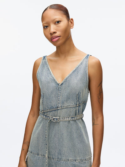Denim V Neck Dress with Chiffon Hem (Washed Indigo)