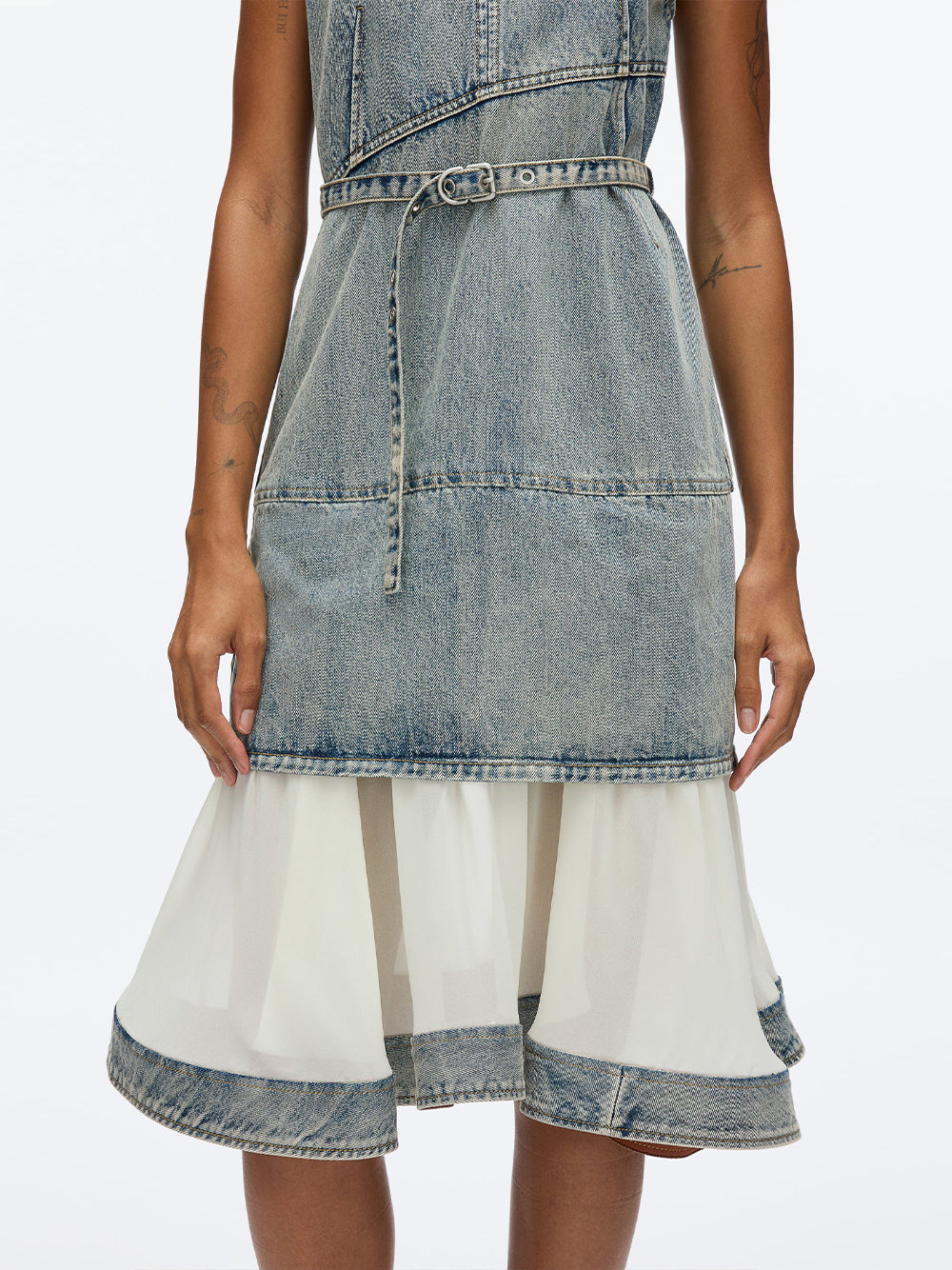 Denim V Neck Dress with Chiffon Hem (Washed Indigo)