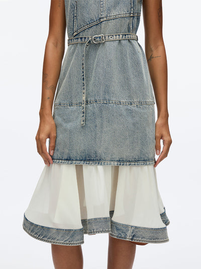 Denim V Neck Dress with Chiffon Hem (Washed Indigo)