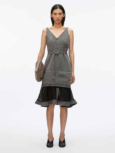 Denim V Neck Dress with Chiffon Hem (Washed Grey)