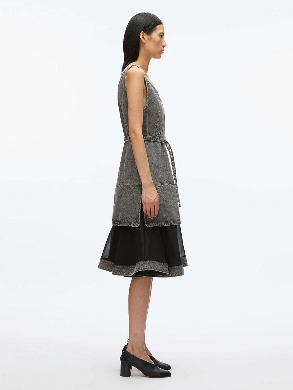 Denim V Neck Dress with Chiffon Hem (Washed Grey)