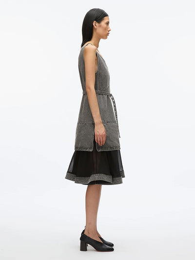 Denim V Neck Dress with Chiffon Hem (Washed Grey)