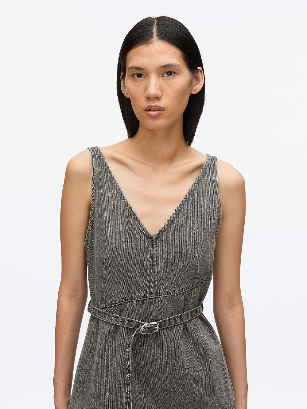 Denim V Neck Dress with Chiffon Hem (Washed Grey)