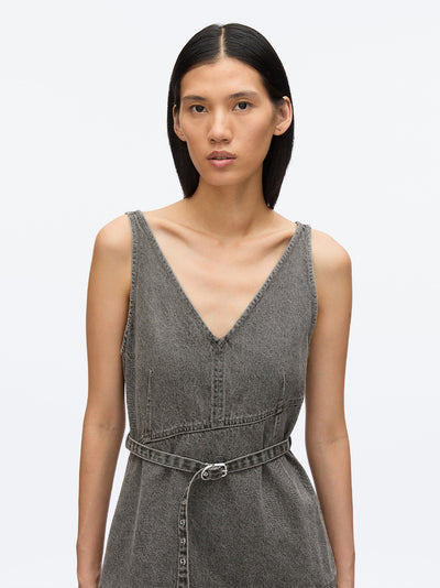 Denim V Neck Dress with Chiffon Hem (Washed Grey)