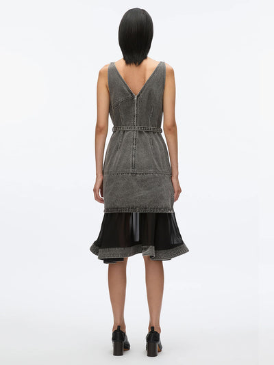 Denim V Neck Dress with Chiffon Hem (Washed Grey)