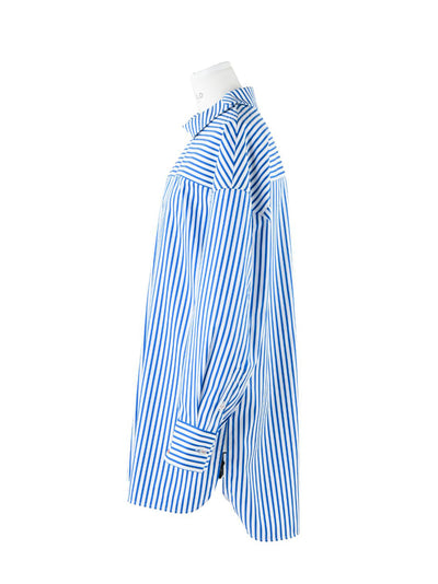 Striped Stand Neck Wide Shoulder Shirt (Blue)