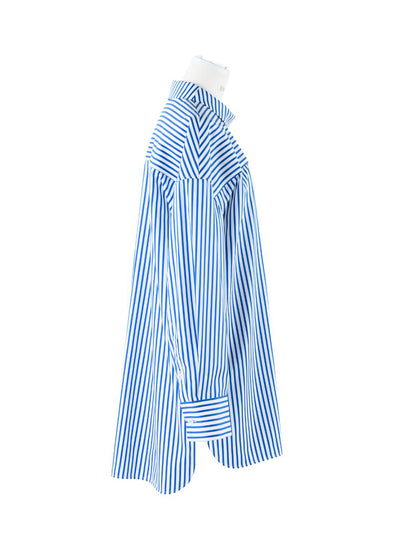Striped Stand Neck Wide Shoulder Shirt (Blue)
