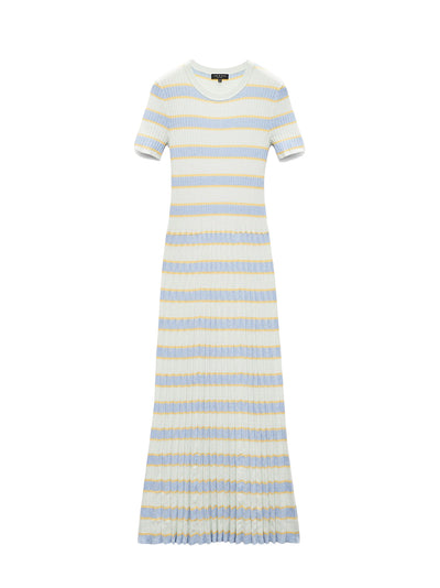 Eloise Striped Rib-Knit Pleated Midi Dress (Green Multi)