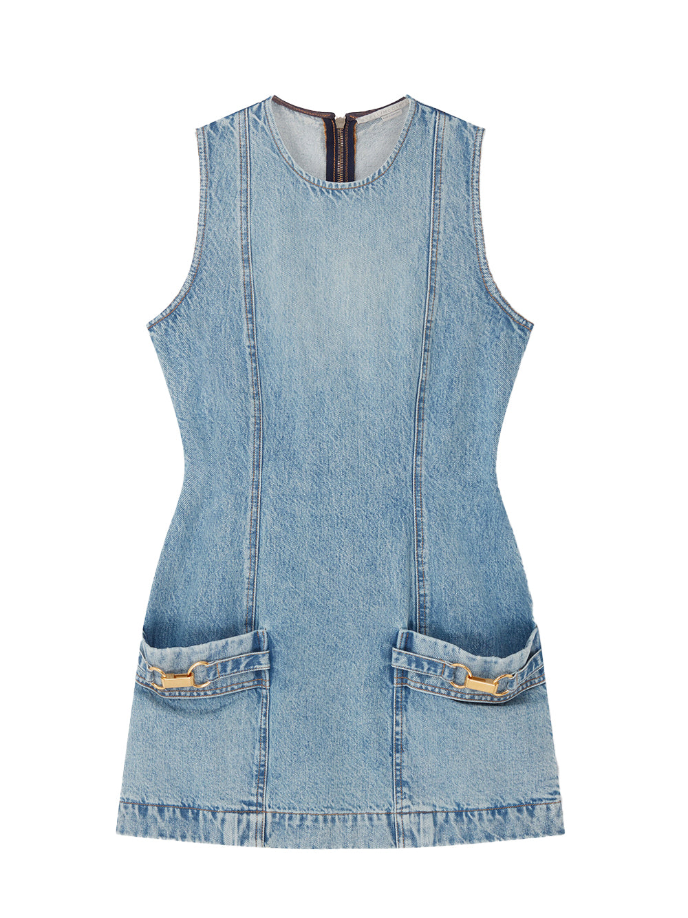 Clasp-Embellished Sleeveless Mini Dress (Light Wash Blue)