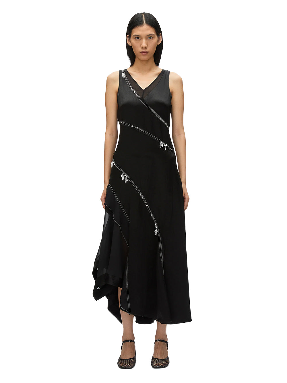 Embroidered V-Neck Satin Gown (Black)