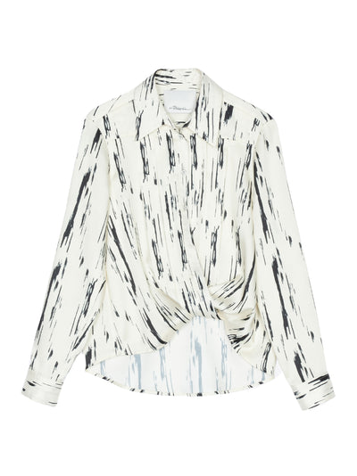 Abstract Wood Grain Crossover Drape Blouse (Ivory Multi)