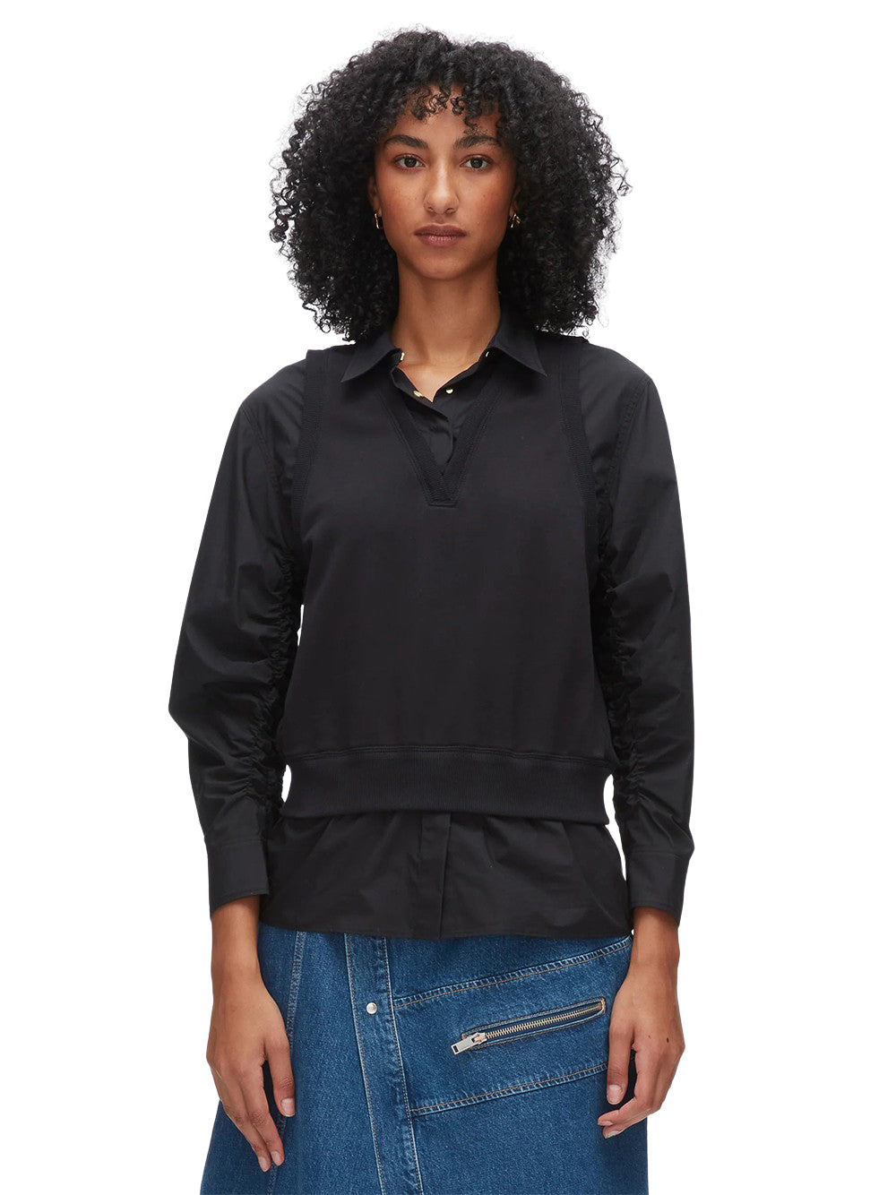 Layered Vest Ruched Sleeve Shirt Black-Black