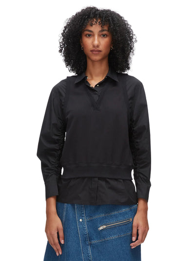 Layered Vest Ruched Sleeve Shirt Black-Black