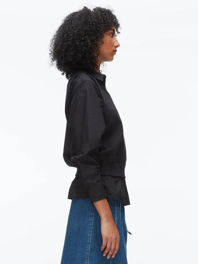 Layered Vest Ruched Sleeve Shirt Black-Black